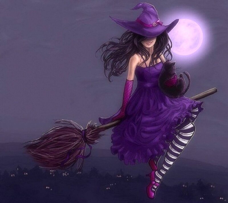 Witch on Broomstick — Purple, Mystical, Night