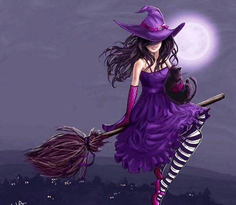 Witch on Broomstick — Purple, Mystical