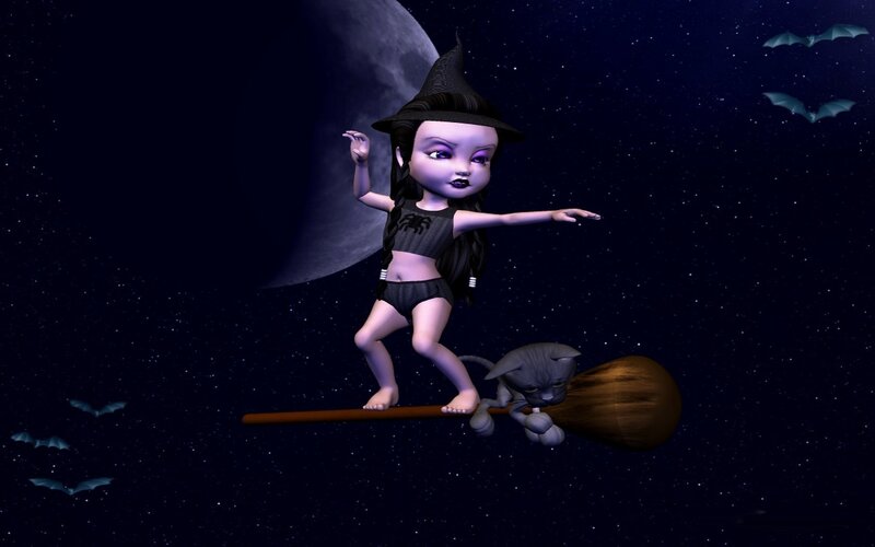 Witch on Broomstick — Purple, Spooky, Night, 3d Render