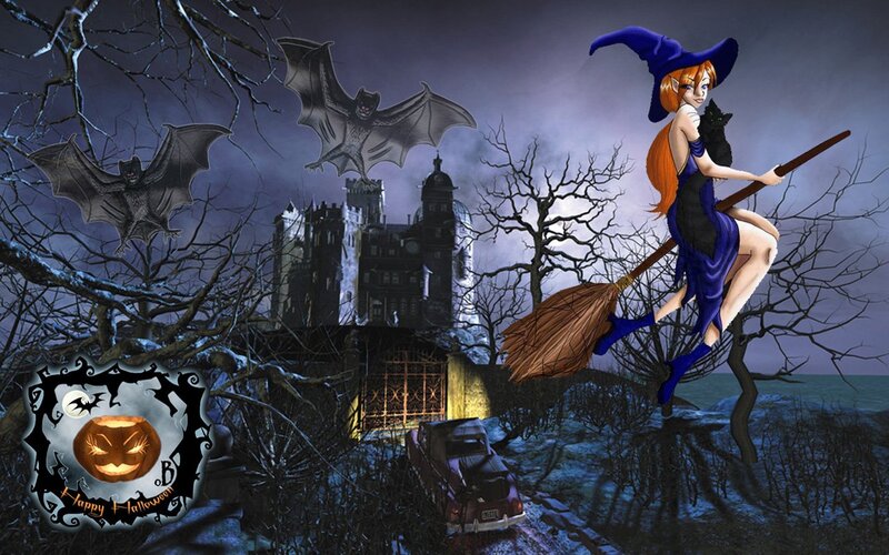Witch on Broomstick — Purple, Spooky, Night, Digital Art, Castle
