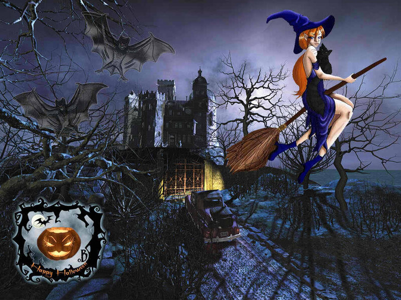 Witch on Broomstick — Purple, Spooky, Night, Digital Art