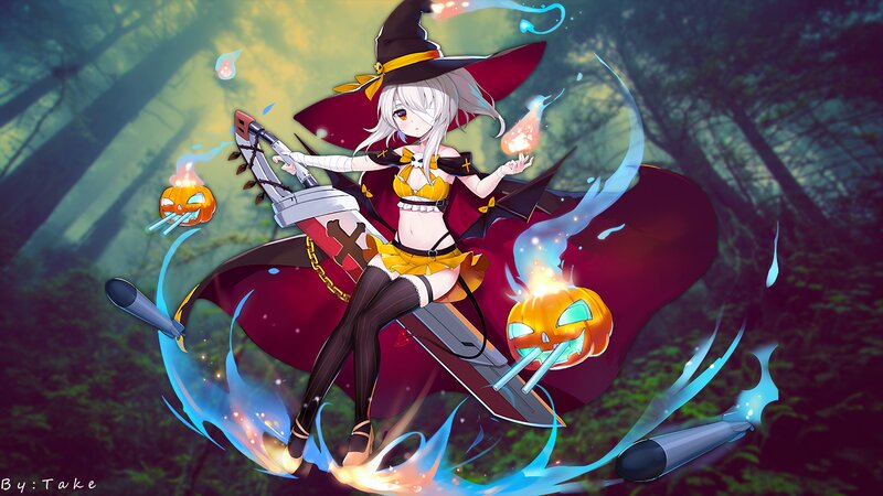 Witch on Broomstick — Red, Magical, Night