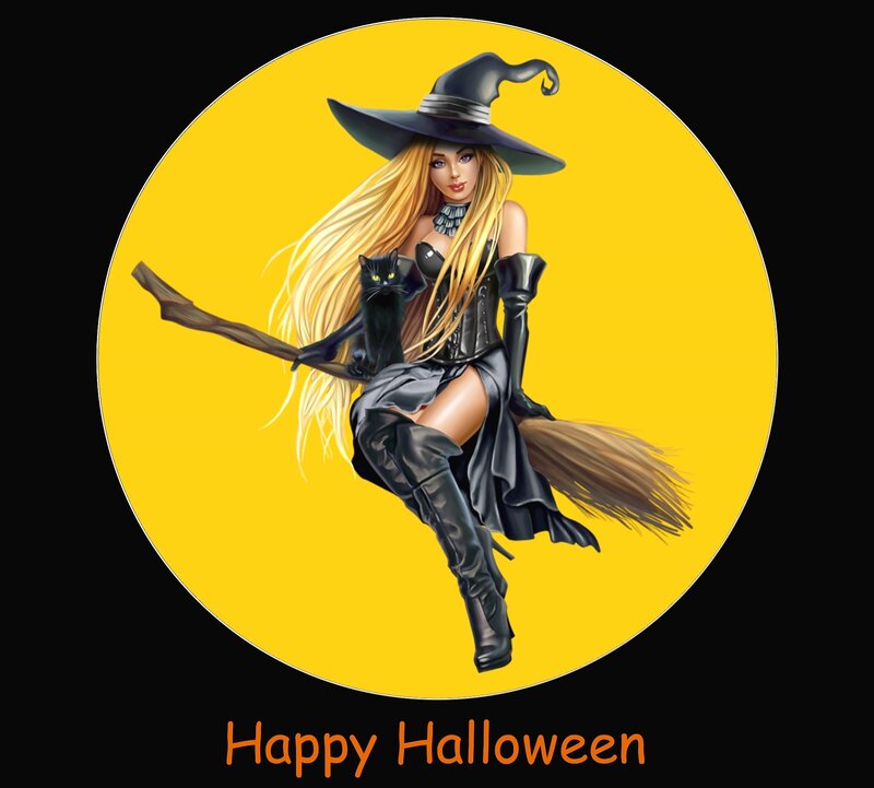 Witch on Broomstick — Yellow, Festive, Night