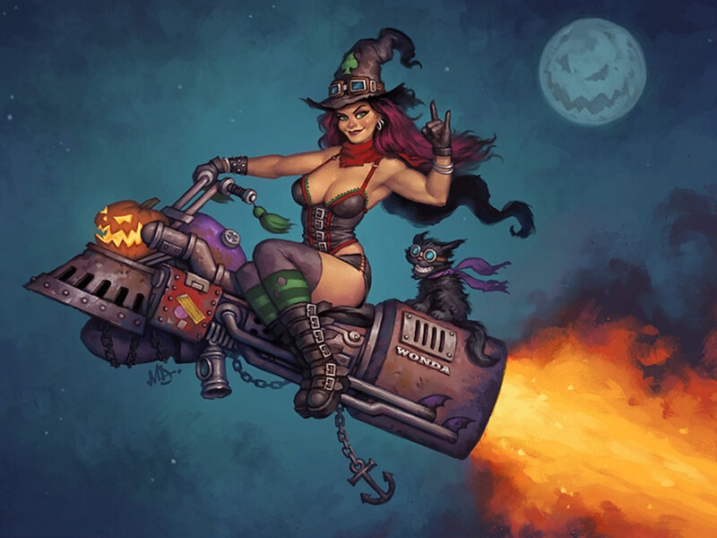Witch on Flying Motorcycle