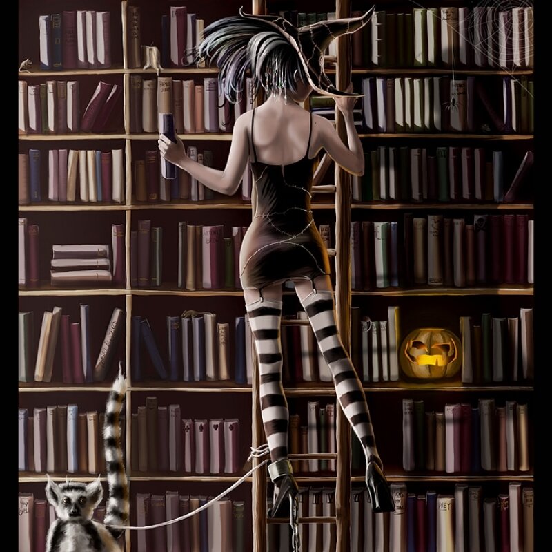 Witch on Ladder in Library