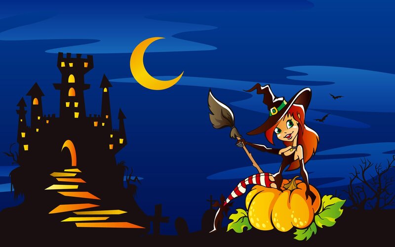 witch on pumpkin at night