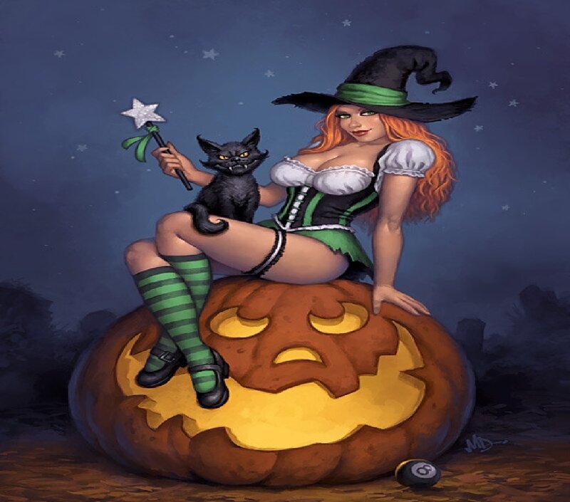 Witch on Pumpkin — Orange, Playful
