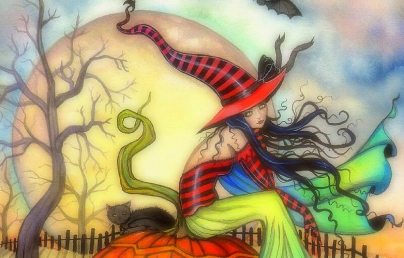 Witch on Pumpkin — Red, Whimsical