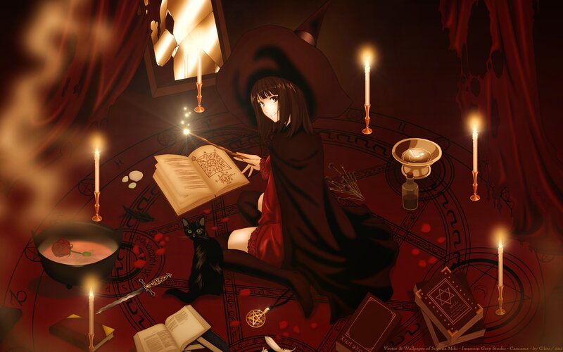 Witch Performing Ritual — Red, Dramatic, Night, Anime, Cat, Candles, Book