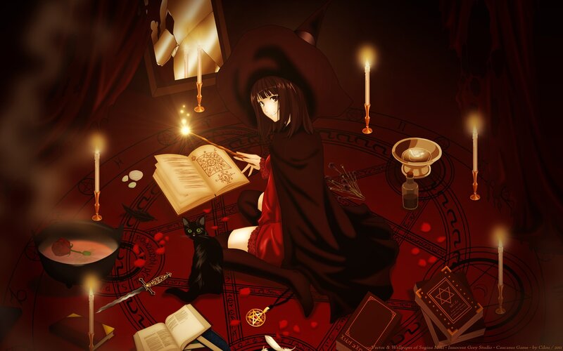 Witch Performing Ritual — Red, Dramatic, Night, Anime, Cat