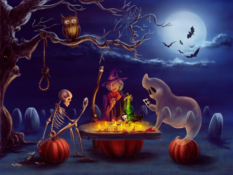 Witch Playing Cards with Skeleton