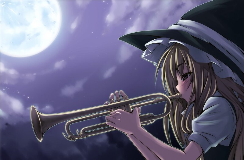 witch playing trumpet under moon