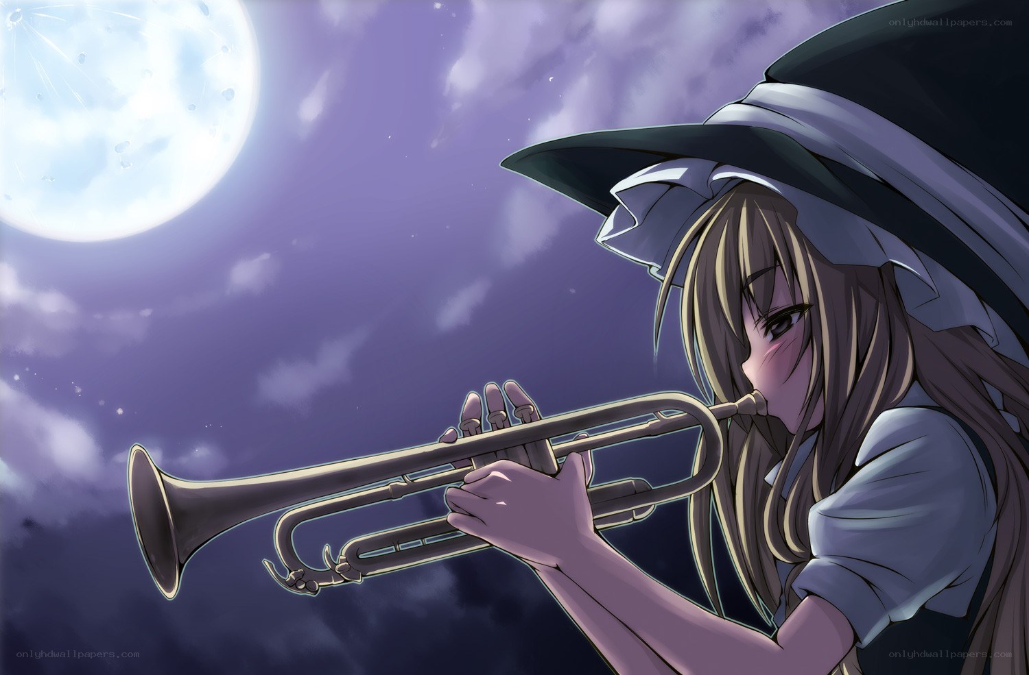 witch playing trumpet under moon