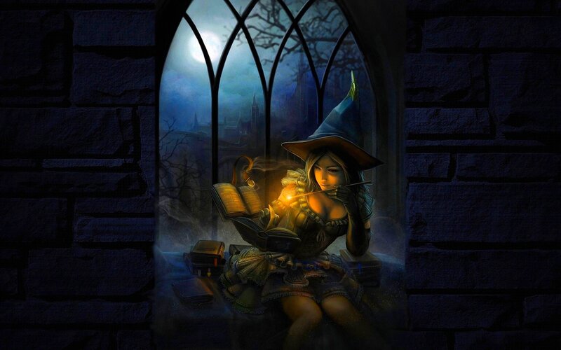 Witch Reading Book — Blue, Mysterious
