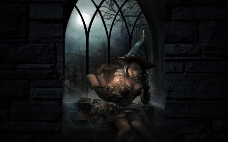 witch reading by moonlight