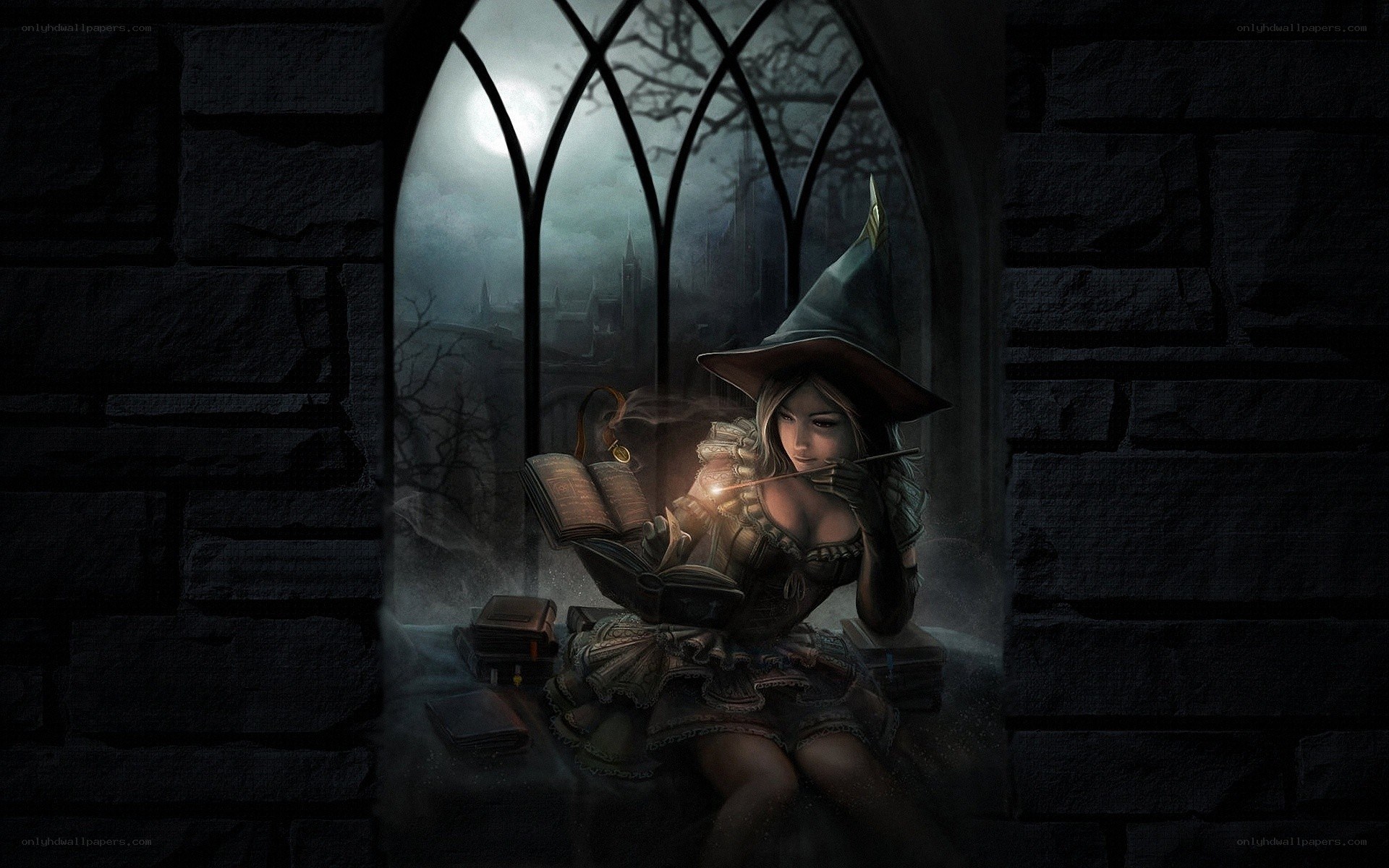 witch reading by moonlight