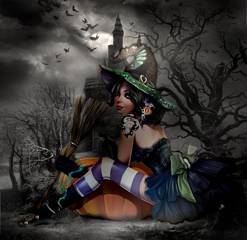 Witch Sitting on Pumpkin — Black
