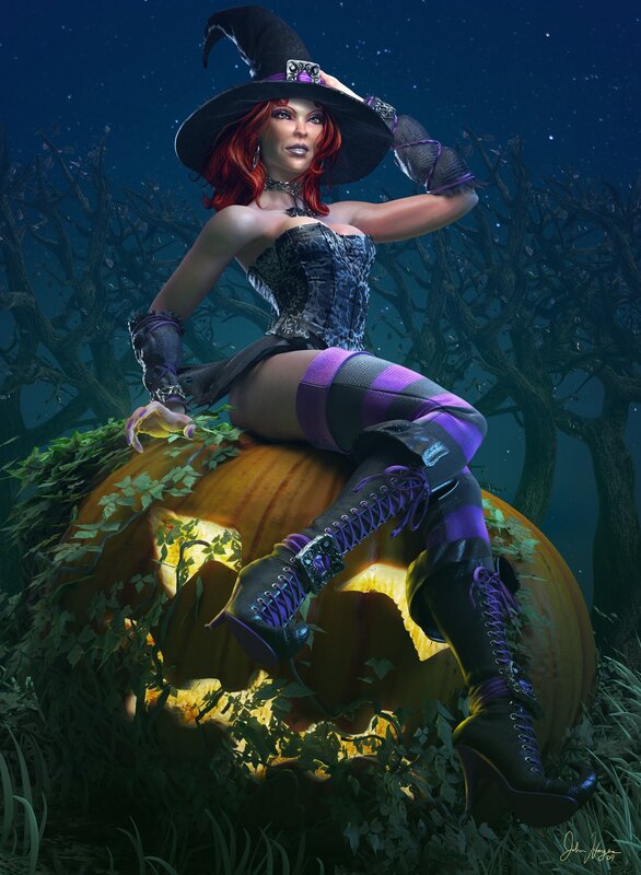 Witch Sitting on Pumpkin — Purple, Dramatic