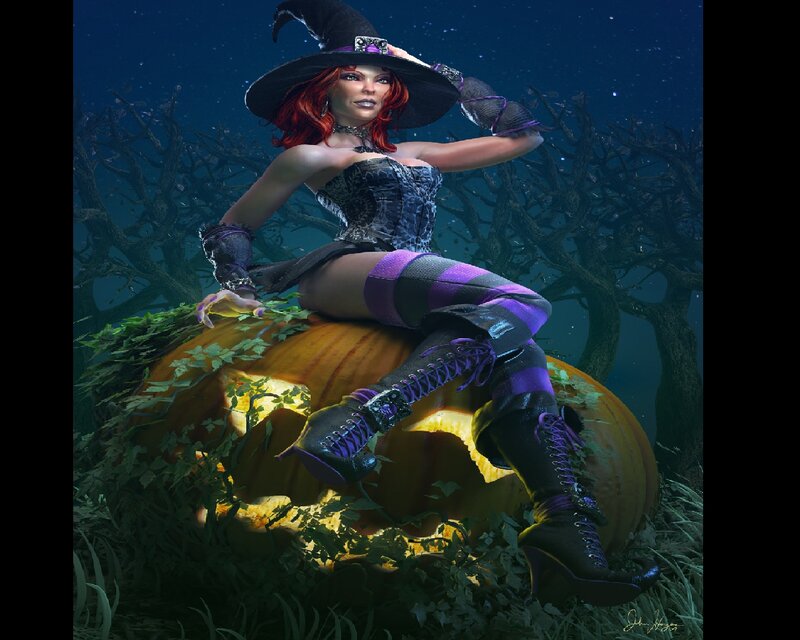 Witch Sitting on Pumpkin — Purple
