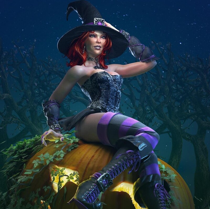 Witch Sitting on Pumpkin