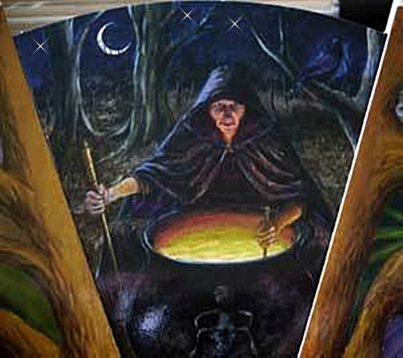 witch stirring cauldron at night