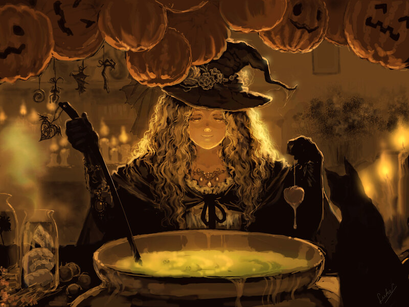 Witch Stirring Cauldron — Brown, Mysterious, Night