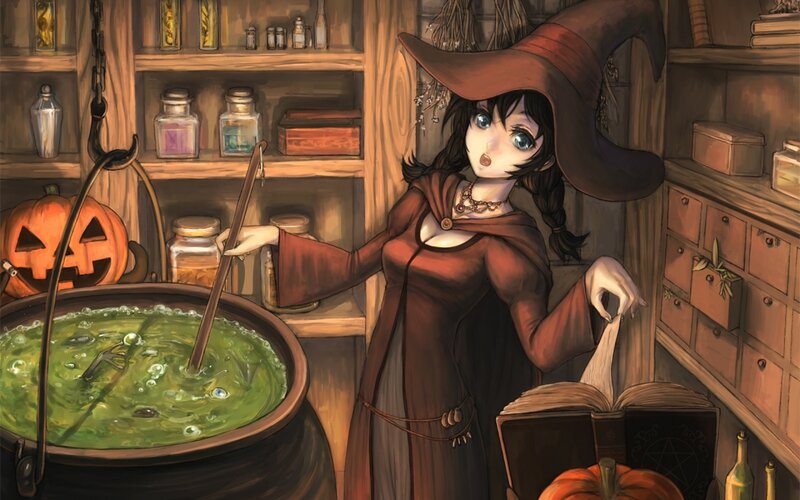 Witch Stirring Cauldron — Brown, Mysterious