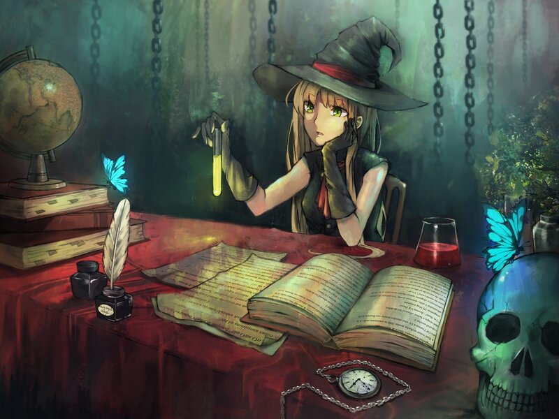 witch studying at a desk