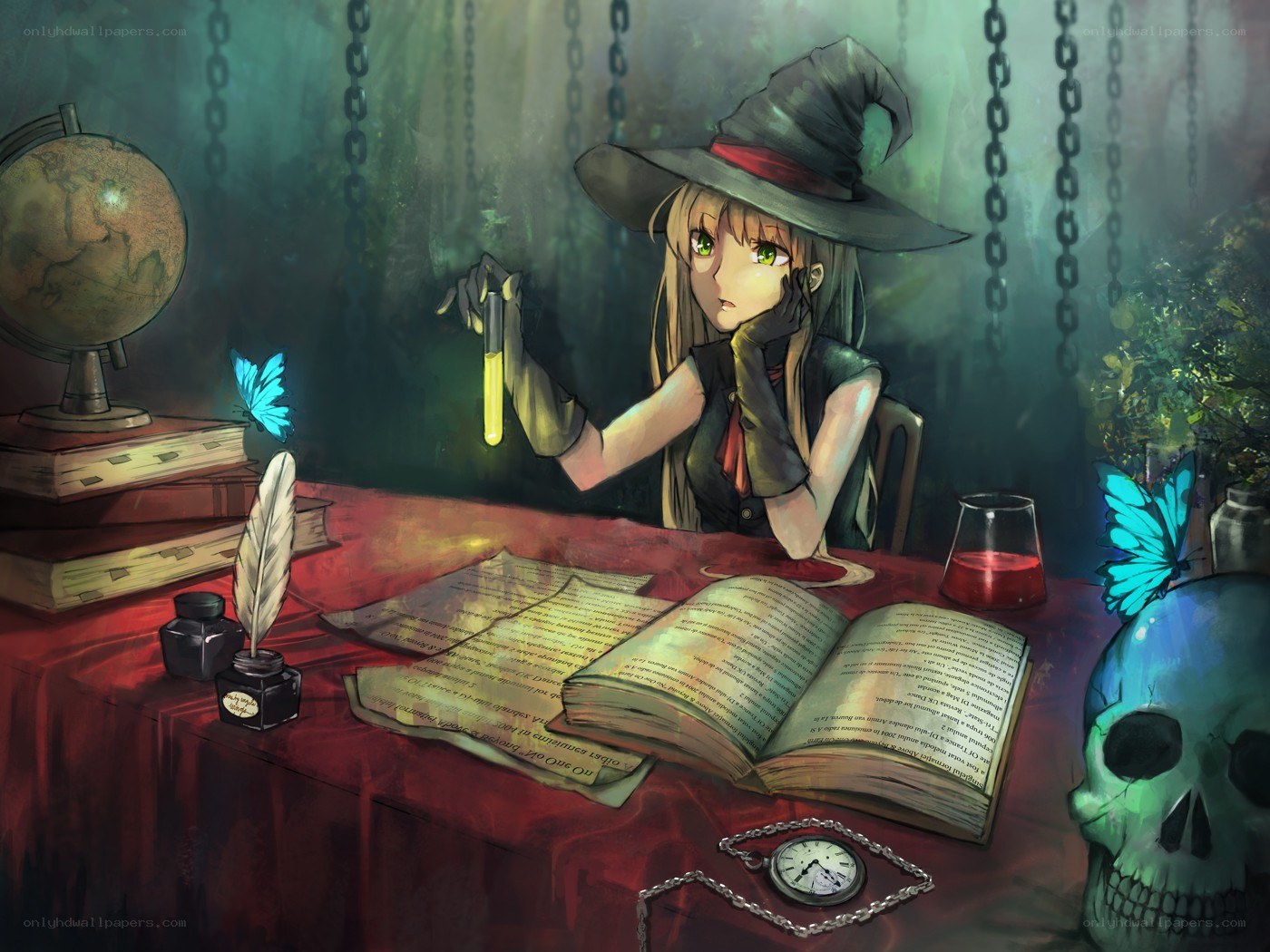 witch studying at a desk