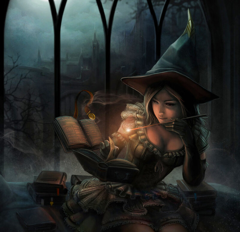 witch studying at night