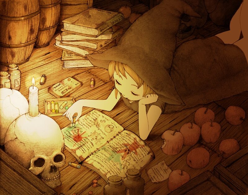 witch studying in a cellar