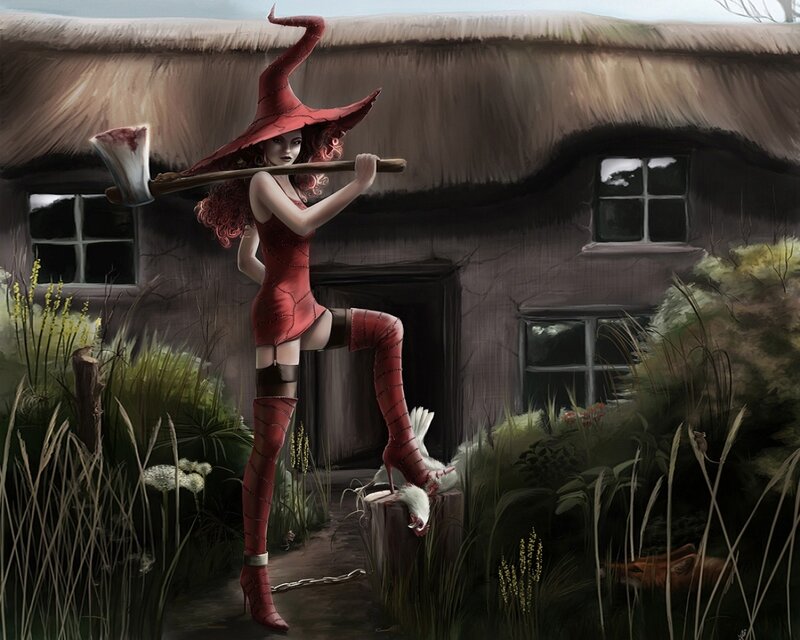 witch with axe in garden
