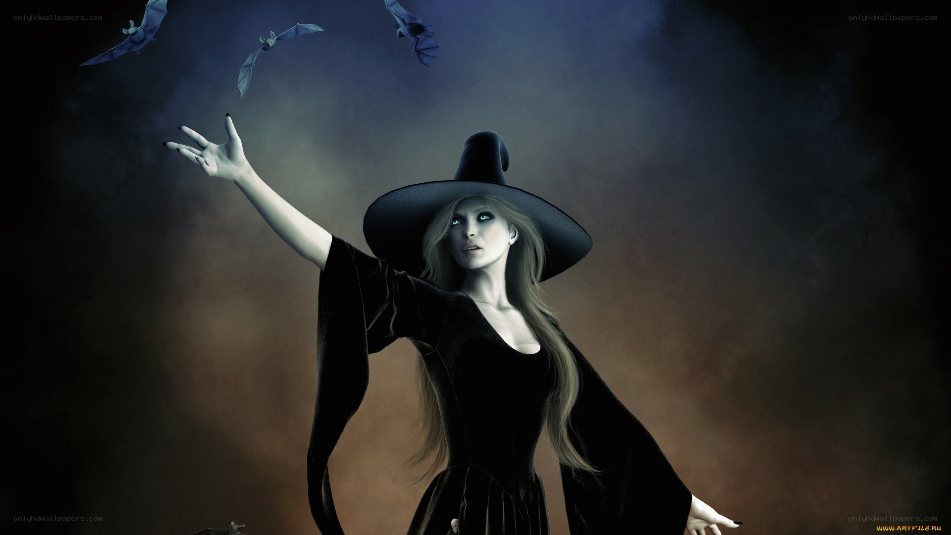 witch with bats flying