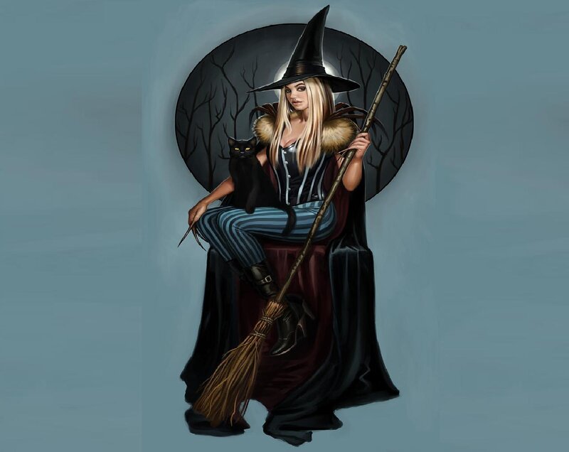 Witch with Black Cat — Blue, Dramatic