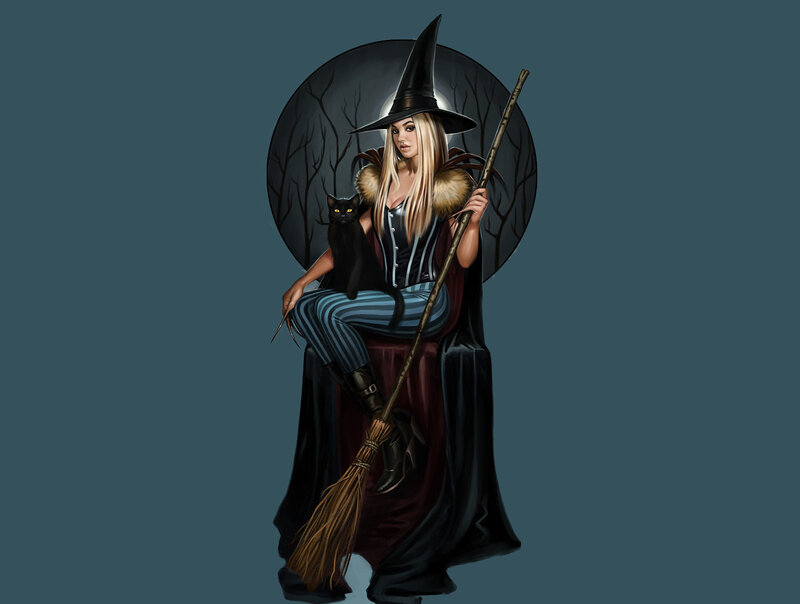 Witch with Black Cat — Blue, Mysterious