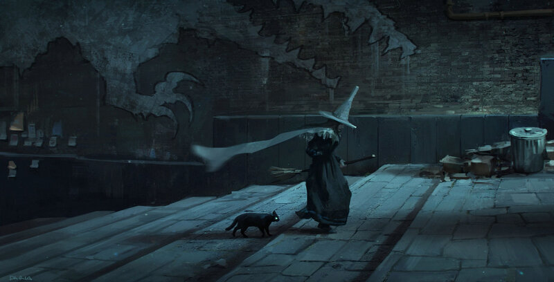 Witch with Black Cat — Gray