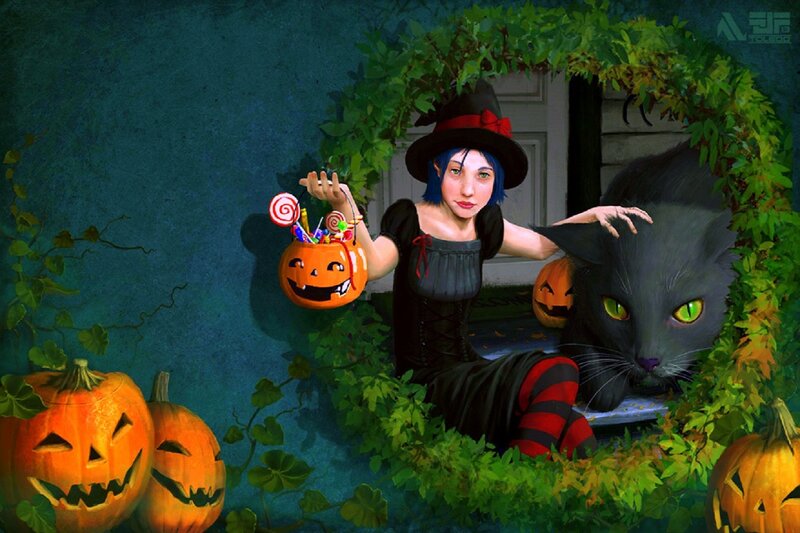 Witch with Black Cat — Green, Festive