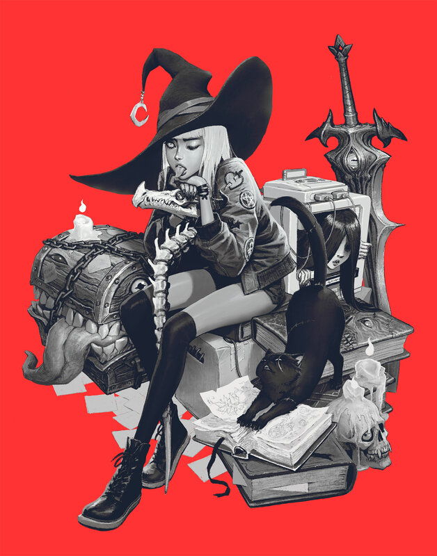 Witch with Black Cat — Red, Dramatic, Digital Art