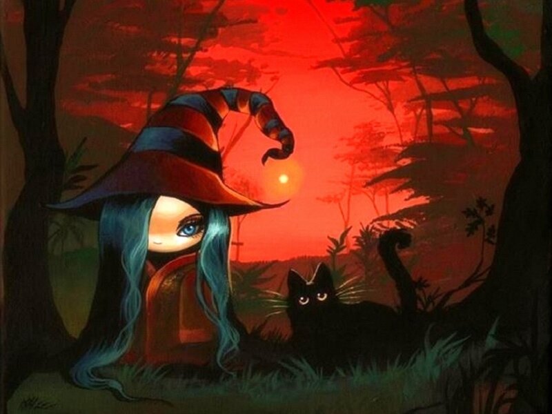 Witch with Black Cat — Red, Dramatic
