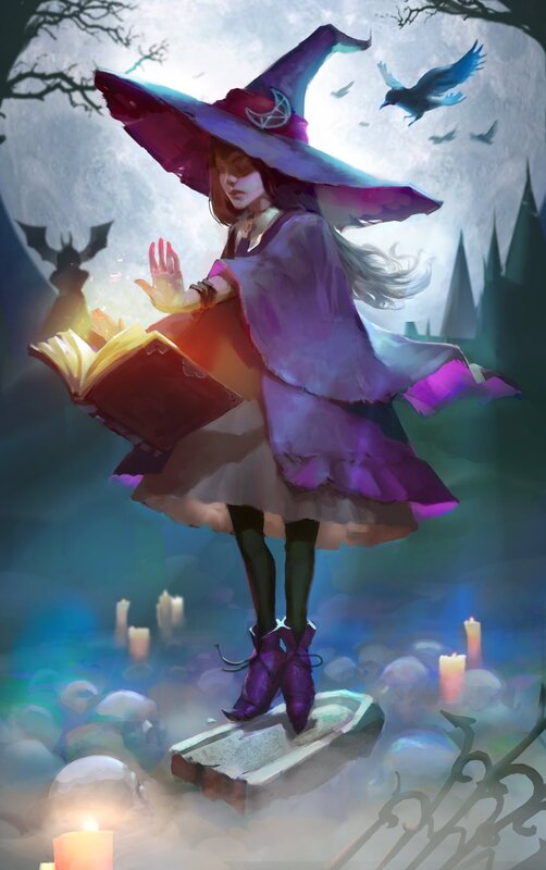 Witch with Book and Hat — Purple