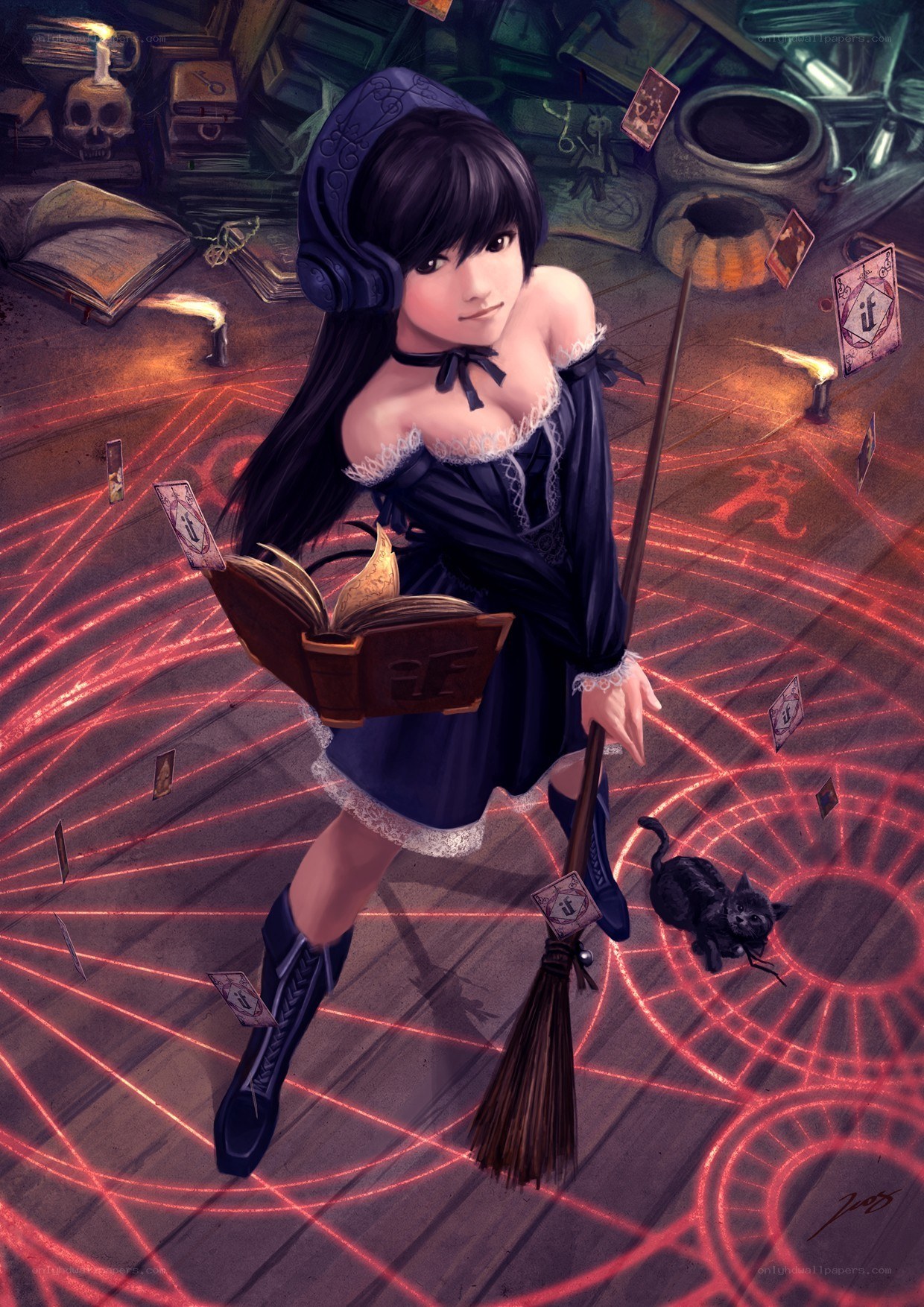 witch with broom and book