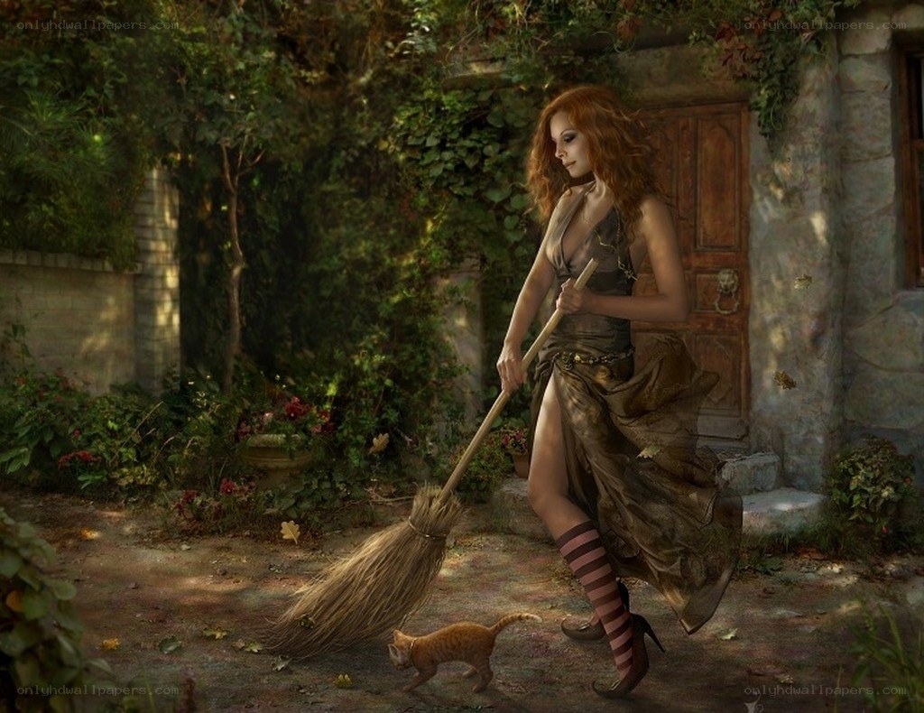 witch with broom and cat