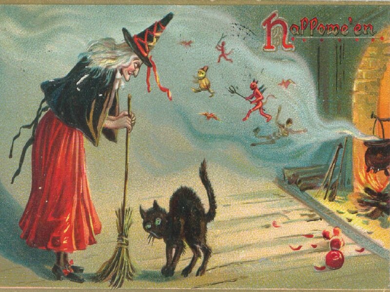 Witch with Broom and Cat — Red