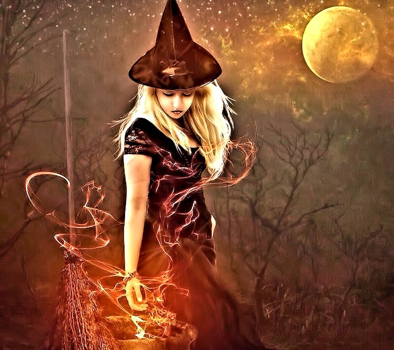 Witch with Broomstick — Brown, Dramatic