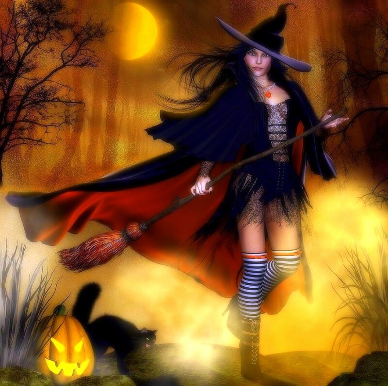 Witch with Broomstick — Orange, Dramatic