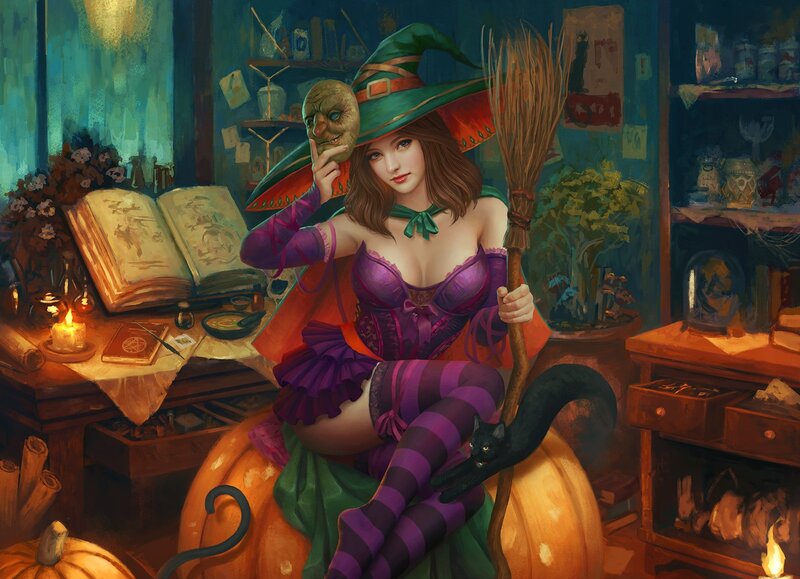 Witch with Broomstick — Purple, Mysterious