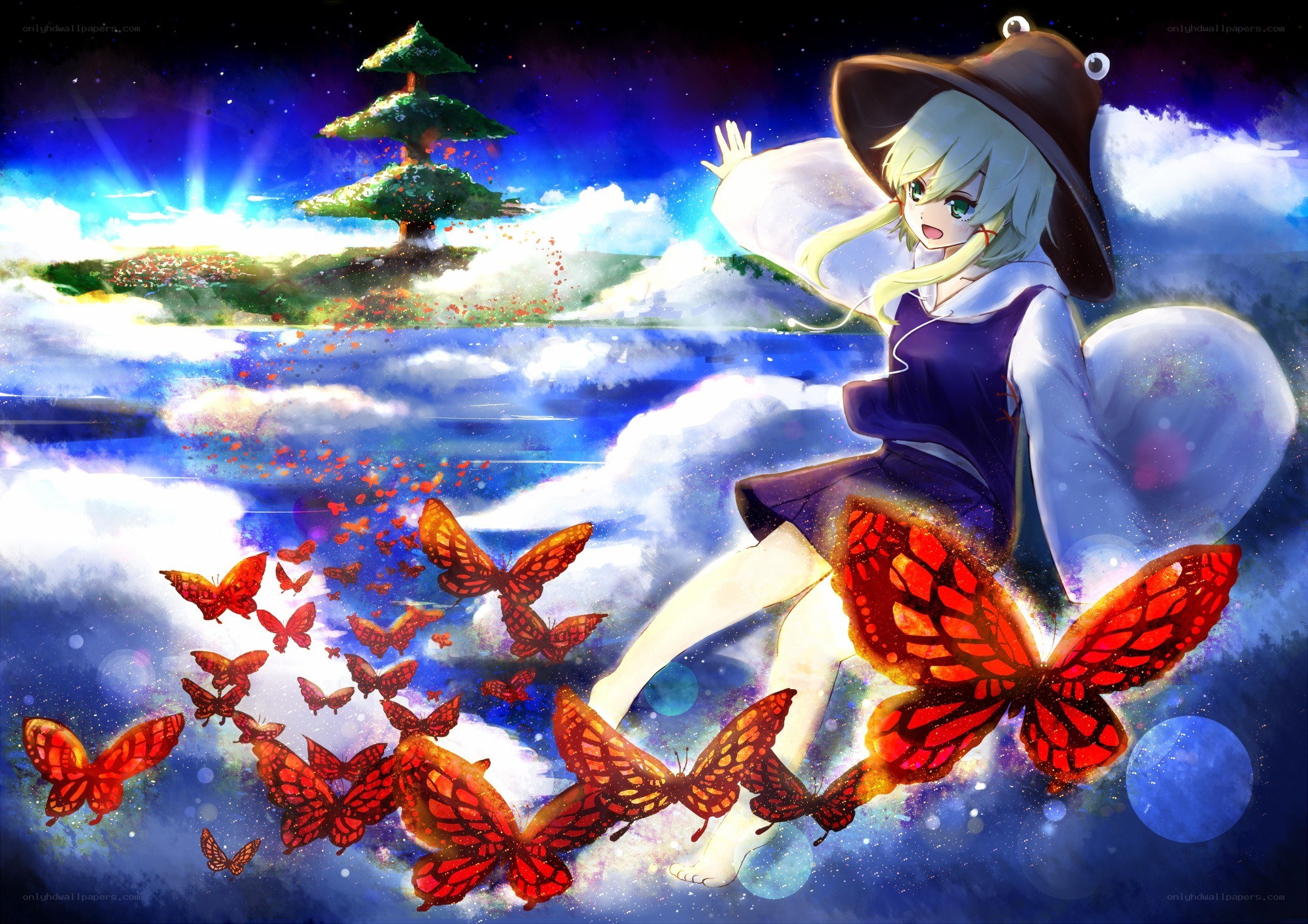 witch with butterflies in sky