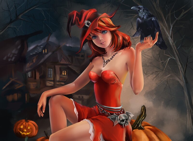 Witch with Crow — Red, Mysterious