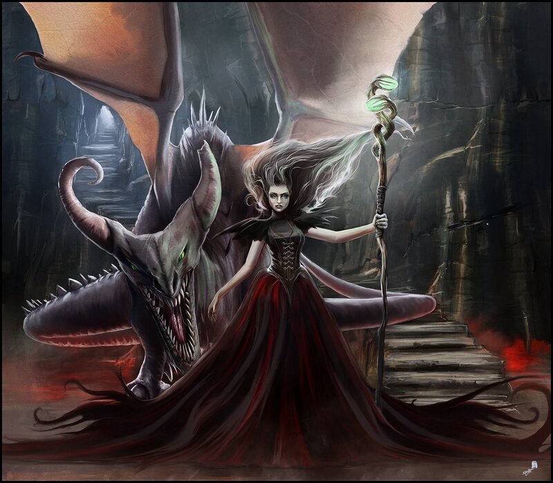 witch with dragon in cave