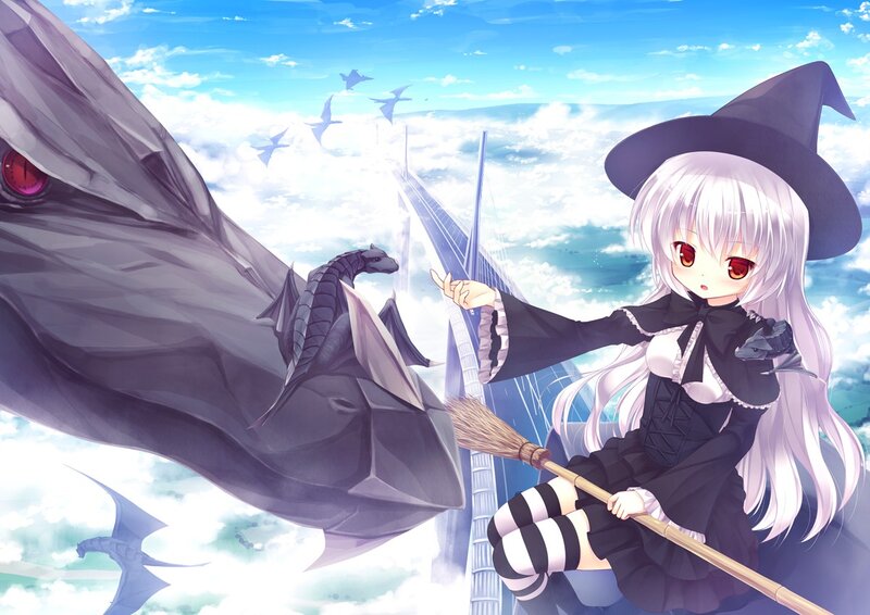 witch with dragon in sky